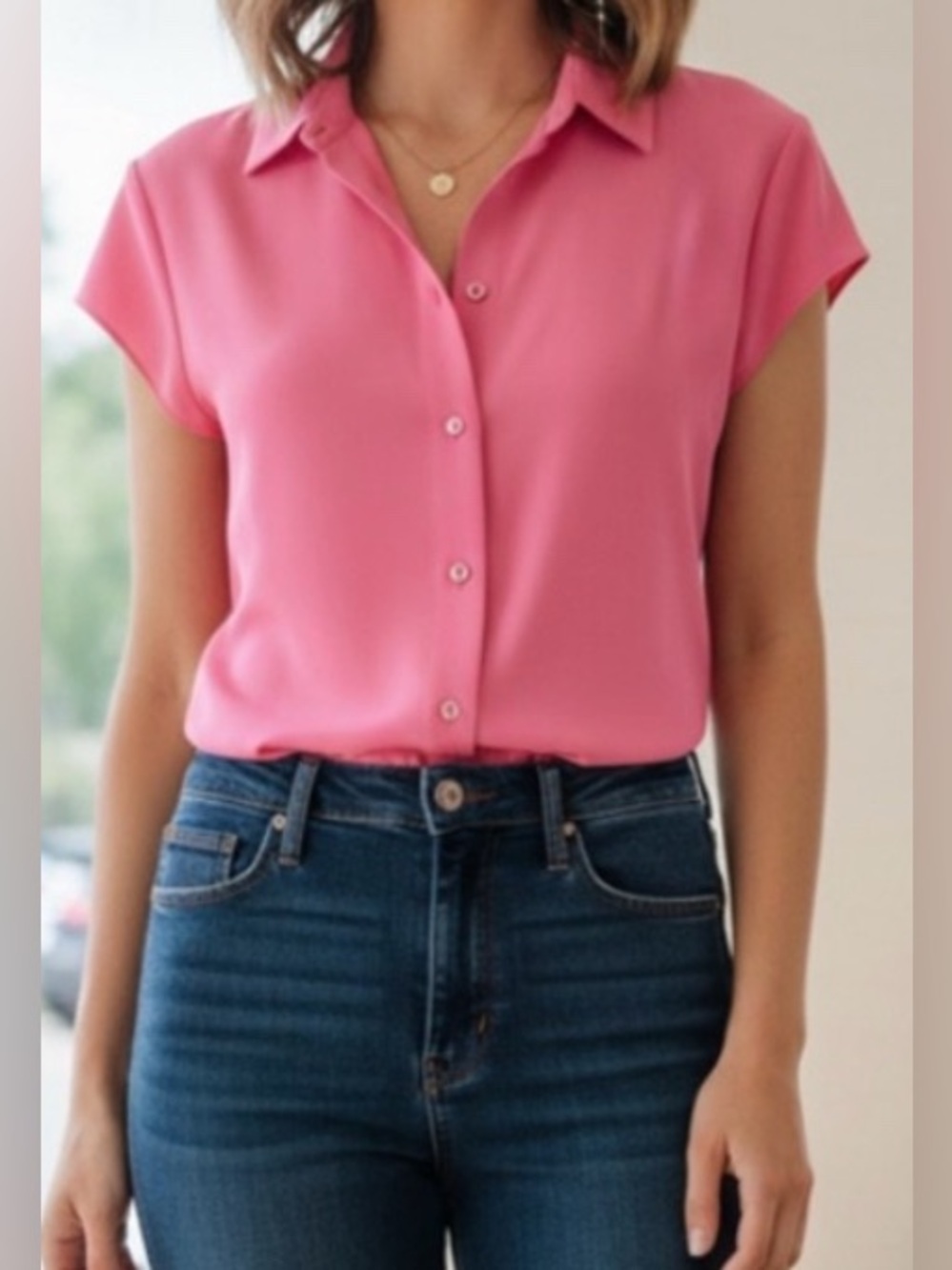 NWT $275 Theory 100% Silk Cap Sleeve Blouse Bright Pink Size Large